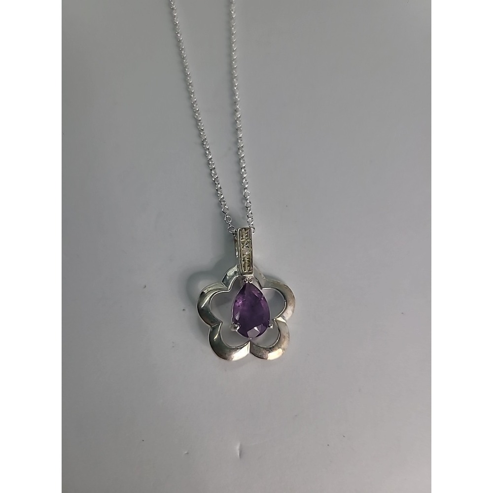 Vintage Silver Tone Quatrefoil Flower Pendant Necklace Purple Teardrop Stone - Picture 7 of 11